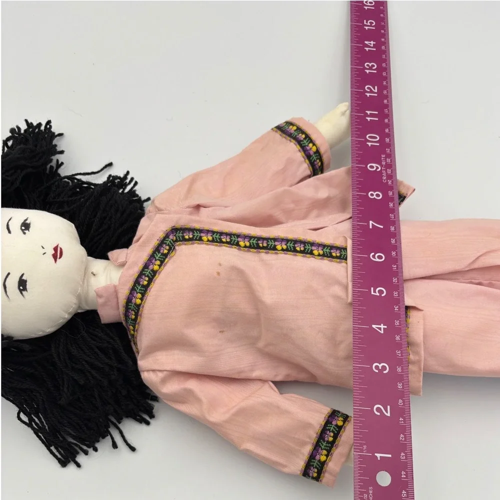 Vintage Cloth Doll Asian Style Pink Outfit Black‎ Yarn Hair prewned GUC 1970s